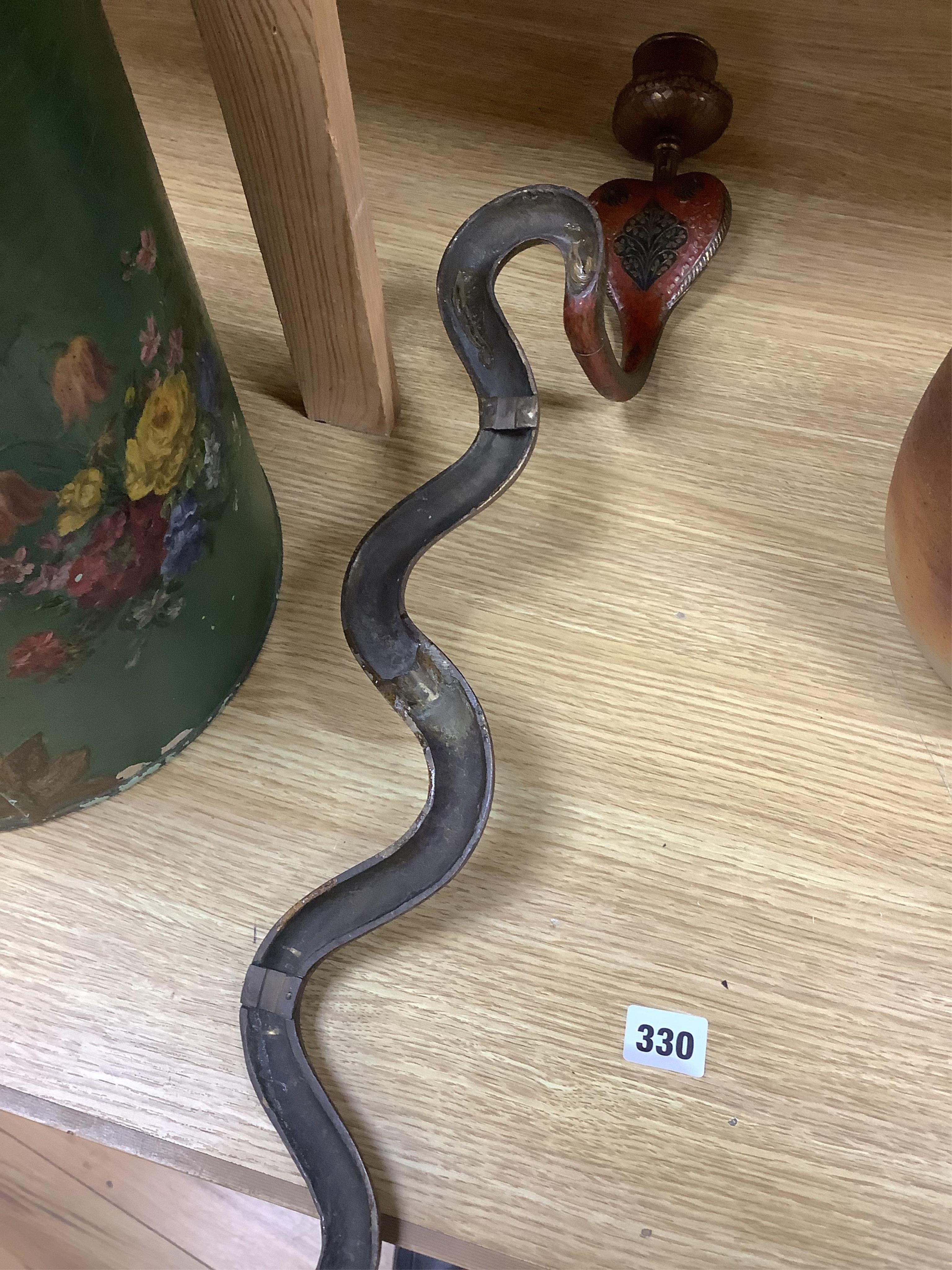 A pair of Indian Benares enamelled brass cobra wall sconces, 79cm high. Condition - lower end of tail on one chipped